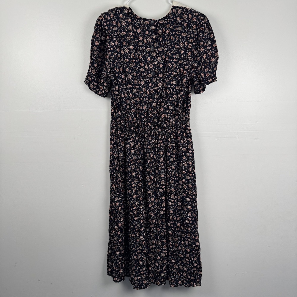 Vintage Olivia Rose Dress Womens 14 Navy Pink Floral Lace Collar Cottagecore 90s